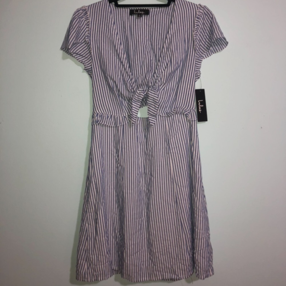 Blue and white pinstripe tie-front dress